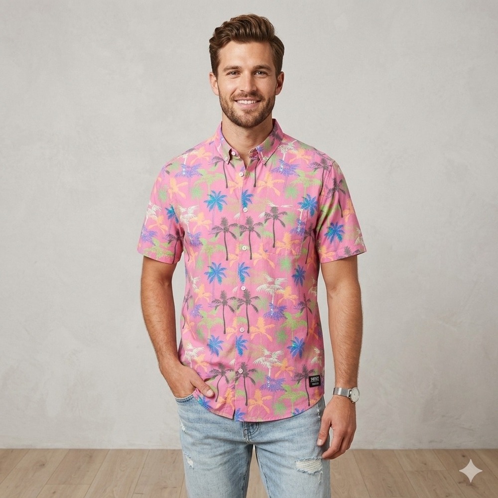 WESC Mens Medium Womens Large Miami Palms Pink Shirt Tropical Hawaiian Festival